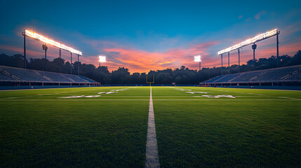 Stadium lights glowing brightly at night over a high school sports field, illuminating the athletic ground for football, soccer, or community events under dramatic evening atmosphere