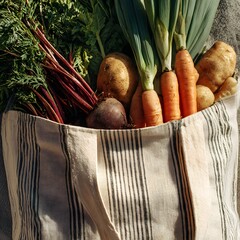 Abundant harvest: Freshly picked vegetables overflowing from a reusable tote bag