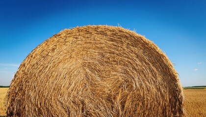 Round Bale Of Hay Against A Clear Blue Sky
