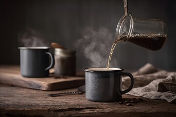 Rustic coffee brewing ritual: pouring a rich beverage on a wooden surface