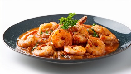 Plate Of Traditional Spanish Gambas Al Ajillo With Garlic Shrimp Sauce And Herbs On White Background