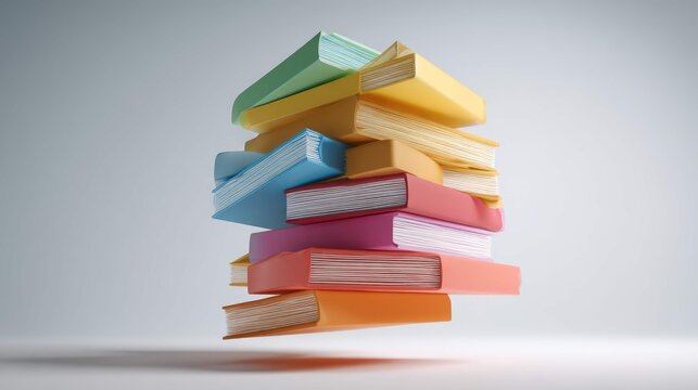 a multicolored stack of books or notebooks is balanced precariously on end atop one another. the background is neutral, highlighting the vividly colored items