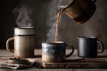 Pouring steaming coffee into a ceramic mug, capturing the essence of morning warmth