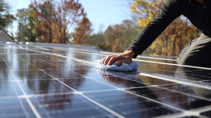 The image depicts a person cleaning a panel with a rag in an outdoor setting. The panels are arranged in a grid like pattern, reflecting the sunlight.  A hand holding a blue rag is wiping the panels