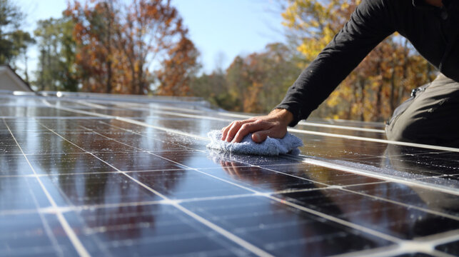 The image depicts a person cleaning a panel with a rag in an outdoor setting. The panels are arranged in a grid like pattern, reflecting the sunlight.  A hand holding a blue rag is wiping the panels