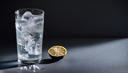 Cold Glass Of Gin Tonic With Ice And Hard Shadows On Dark Gray Background With Copy Space Vertical Format