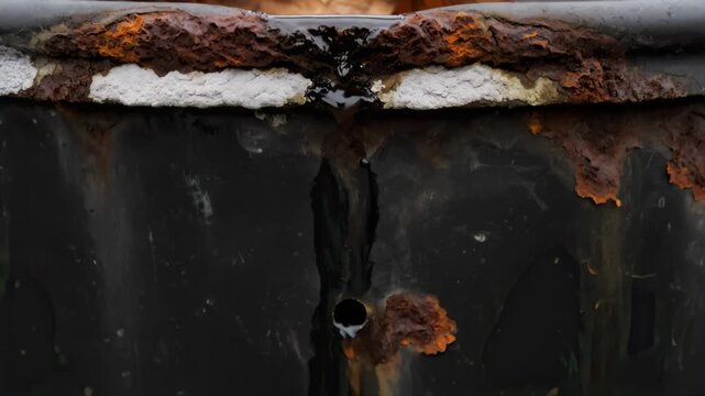 Corroded metal surface with dripping water and autumn leaves