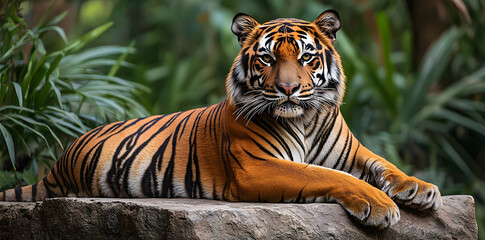 Wildlife conservation image of Malayan tiger resting in forest, striking orange coat with black stripes, endangered predator representing strength, nature preservation, and Asian jungle biodiversity