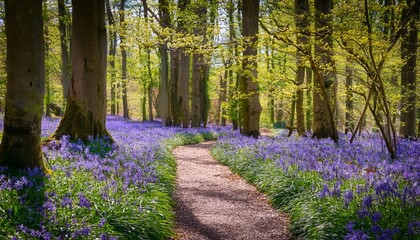 Path Through Bluebell Flowers In Bloom In Woodland Spring