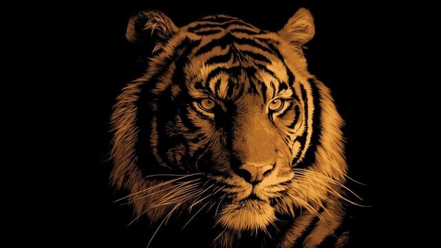 Close up of tiger face with striking stripes against a dark background