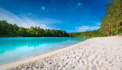 Clean White Sandy Beach Of A Beautiful Blue Forest Lake Summer Noon Vacation