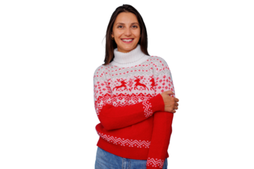 Woman smiling, wearing festive christmas sweater with reindeer design, enjoying holiday season, transparent background