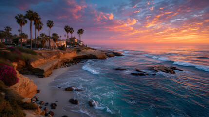 Stunning coastal scenery at Sunset Cliffs San Diego with ocean waves crashing against rugged shoreline, panoramic view of Pacific horizon beneath glowing sunset sky and serene beach atmosphere