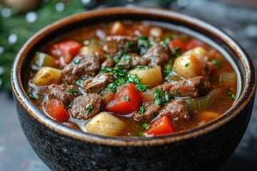Bowl of beef stew with potatoes and tomatoes.