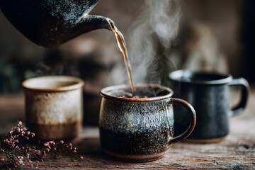 Aromatic moment of pour hot drink in a rustic setting evoking warmth and relaxation