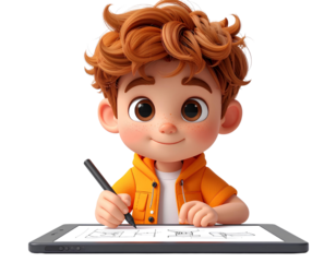 Firefly_3D cartoon character drawing on digital tablet with stylus, designer boy in shorts is 