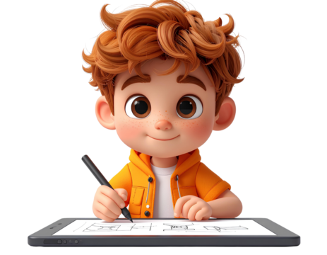 Firefly_3D cartoon character drawing on digital tablet with stylus, designer boy in shorts is 