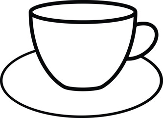 Vector art of a simple black and white line drawing of a coffee cup and saucer
