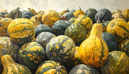 Colorful gourds and pumpkins in a vibrant autumn harvest display.