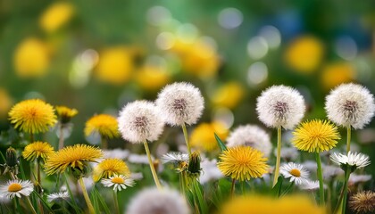 A Close Up Of Dandelions In The Foreground With Other Flowers Like Yellow And White Daisies Blurred Against A Green Background The Focus Is On The Fluffy Petals Of Each Flower Ai Generated