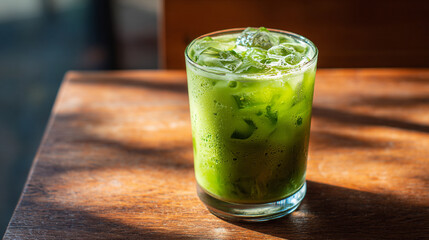 The image showcases a glass filled with an iced green beverage. The drink is topped with cubes, creating a refreshing and chilled presentation