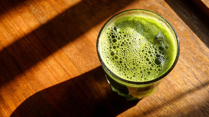 An overhead shot displays a glass containing a bright green liquid, filled with numerous bubbles. The glass rests on a flat, wooden surface that exhibits warm, brown tones