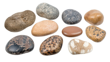 A collection of smooth. polished river stones of various shapes and colors arranged neatly on a white background. ideal for use in design. decoration. or educational purposes