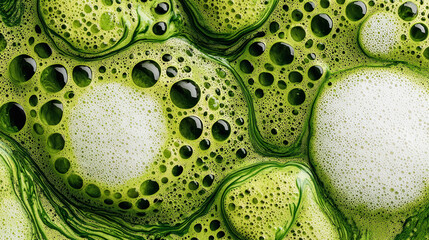 The image displays a close up of a bright green, bubbly liquid. The surface is covered in various sized bubbles, some filled with a darker green substance and others with a dense white foam