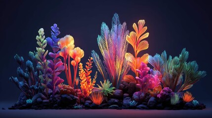 an underwater coral reef scene vividly illuminated with vibrant, multicolored lights. this coral reef is composed of various shapes and sizes, creating a lively and diverse marine environment