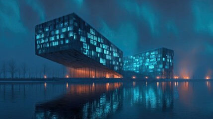 a modern architectural structure with a distinctive design, illuminated under night skies