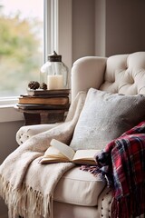 Inviting armchair nook featuring stacked books and cozy throw blanket near window