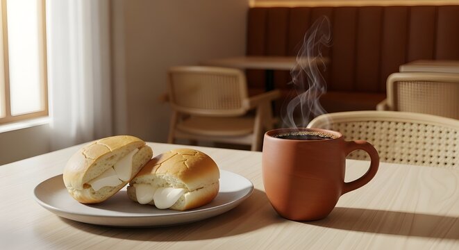 Breakfast Pandesal with Kesong Puti and Barako Coffee in Cafe Setting