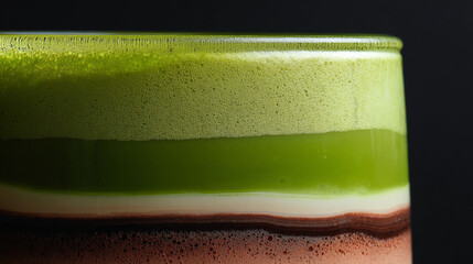 The photograph is a close up of a layered drink in a transparent glass. At the top, there is a layer of foamy green liquid. Below that, there is a clear liquid