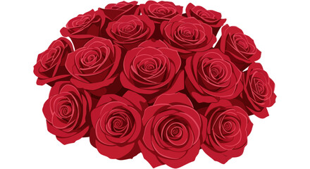 Bouquet of stylized, lush, deep red roses in full bloom against a stark white backdrop