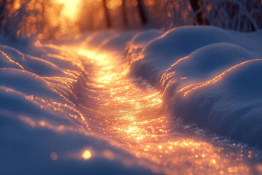 Snow-covered path winding through woods at sunset.