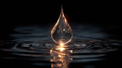 a single drop of water hangs in mid air over a reflective surface, with blurred light reflections around it, creating an artistic and serene scene with a bokeh background