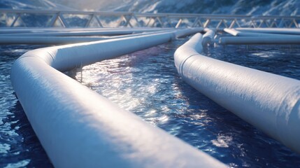 an underwater oil rig. a series of pipes and tubes are prominently displayed against the deep blue backdrop of the ocean