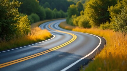 A winding road surrounded by lush green and golden vegetation.
