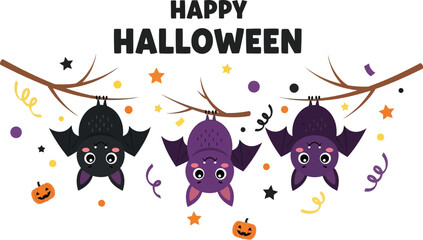 Fototapeta premium Happy Halloween banner with cute bats hanging a branch, perfect for greeting cards and party invitations