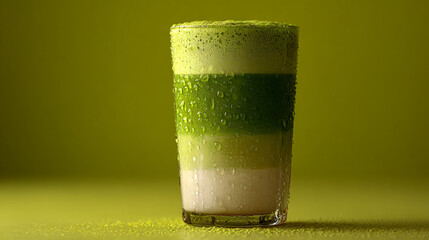 A tall glass filled with a layered beverage is featured prominently on a green surface and against a green backdrop