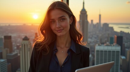 A woman in a suit with a laptop, against a sunset cityscape backdrop.