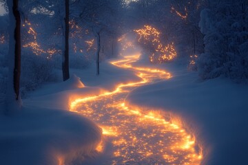 Fototapeta premium Fire burning along snowy forest path.