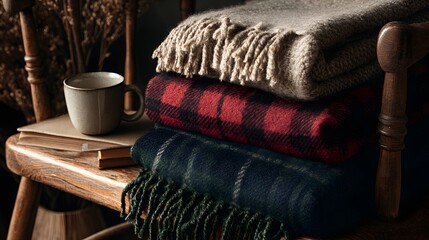 Cozy Retreat: Stacked Blankets and Warm Beverage on Wooden Chair in Ambient Light