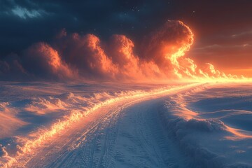 Snowy road under bright orange sky.