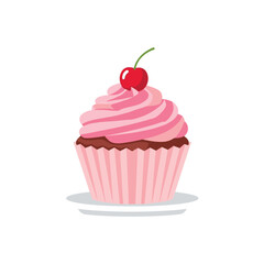 Delightful pink frosted cupcake crowned with a bright red cherry, perfect for celebrations and sweet moments.