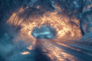 Snowy road with tunnel captured in photo.
