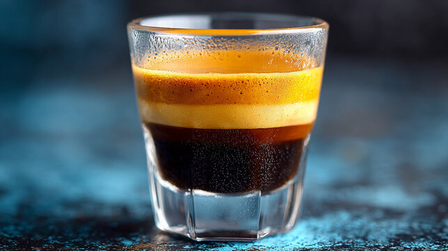 A close up shot shows a glass filled with layered liquid atop a textured surface. The liquid in the glass is separated into three distinct layers, the bottom layer being the darkest