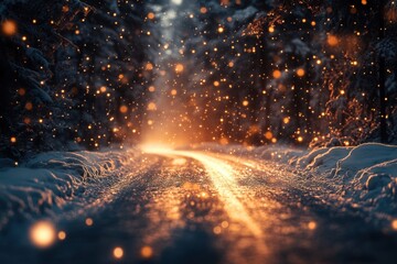 Snowy road with lights in the middle.