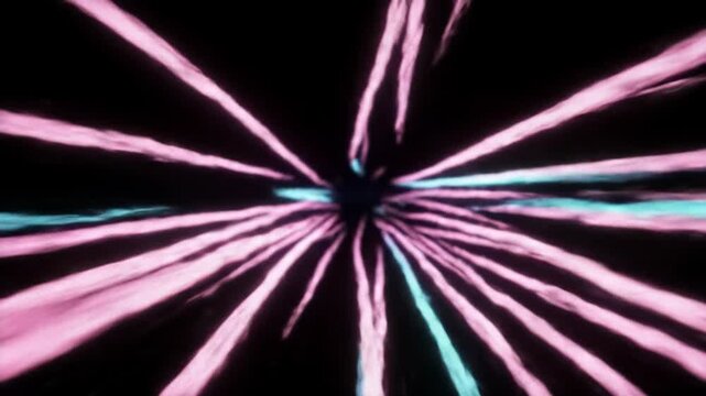 Brilliant neon pink and electric cyan light trails dynamically flow through an infinite black void, creating hyper-speed travel in a futuristic digital tunnel, high-tech progress concept