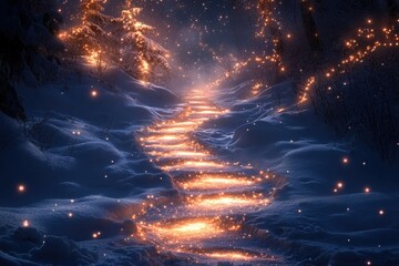 Fireflies lighting up a snowy forest path.